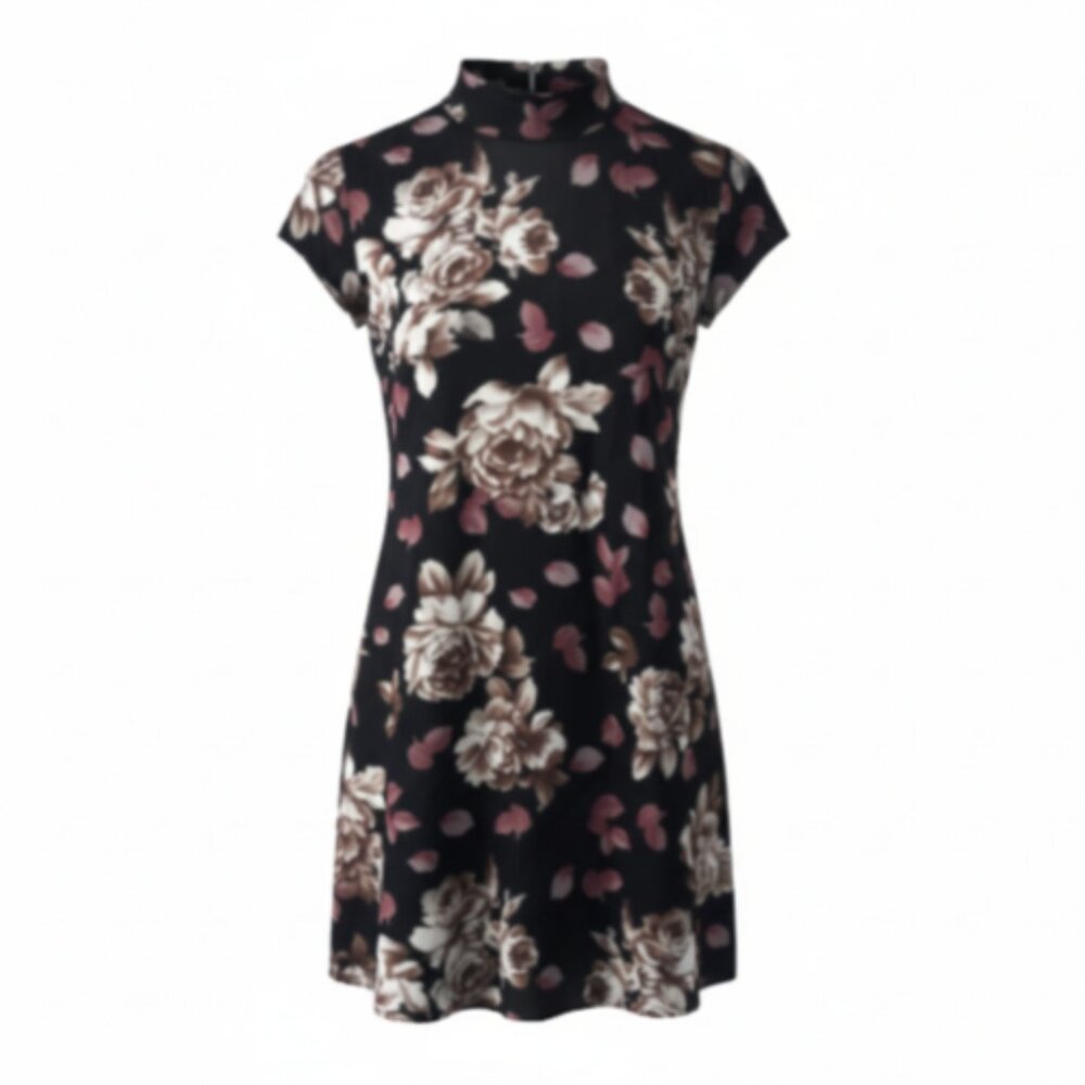 Forever21 Women Floral Mini Dress Sz S NWT Mock Neck Open Back Cap Sleeve Pocket